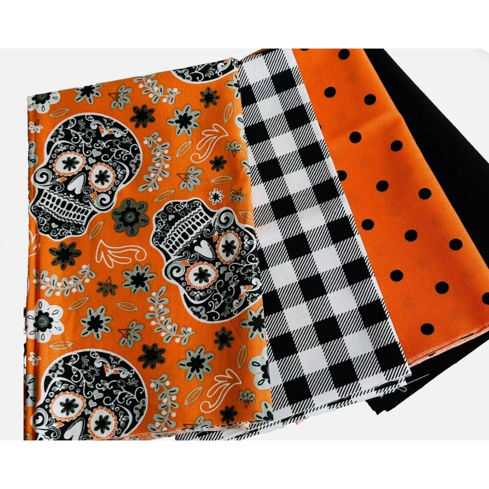 Halloween FQ Bundle 4pc Sugar Skulls Fat Quarters 18 x 21" Quilting Fabric Sew